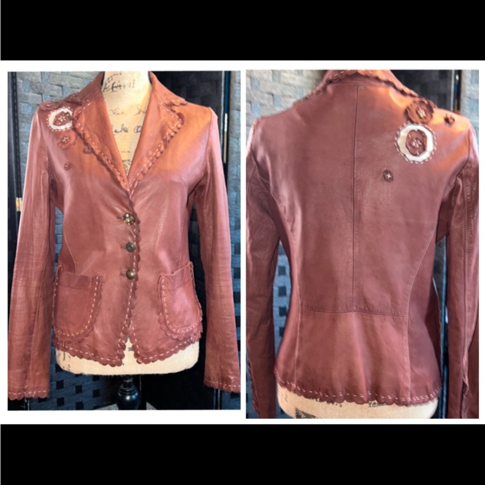 Wynn Las Vegas Brown Leather Jacket Ruffled Trim Button Front. Vintage.